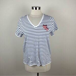 Cynthia Rowley Red White Blue Stripe Beaded Hearts Short Sleeve Tee Shirt Flag